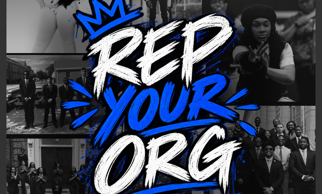 A collage of black-and-white photos features various student organizations surrounding bold blue and white text that reads “Rep Your Org"