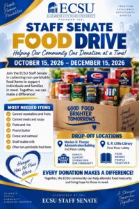 ECSU Staff Senate Food Drive flyer encouraging donations of non-perishable food items from October 15 through December 15, 2026, with collection sites in the Thorpe Administration Building and G.R. Little Library.