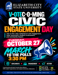 Promotional graphic for ECSU's V-OTEC-O-MING Civic Engagement Day, featuring voter awareness activities, student engagement opportunities, community partnerships, and a March to the Polls event.