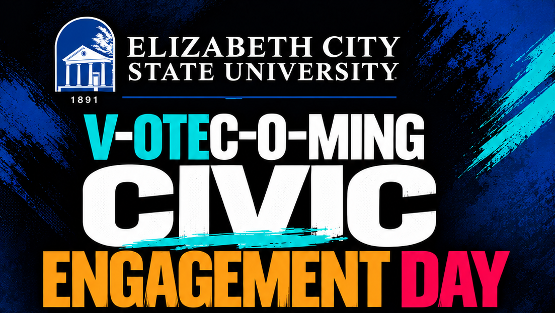 Feature image of Promotional graphic for ECSU's V-OTEC-O-MING Civic Engagement Day, featuring voter awareness activities, student engagement opportunities, community partnerships, and a March to the Polls event.