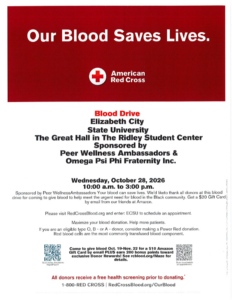 American Red Cross blood drive at ECSU on October 28, 2026, from 10:00 a.m. to 3:00 p.m. in The Great Hall of the Ridley Student Center.